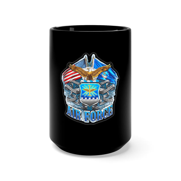 Taking Flight with Pride: 15oz Black Mug with Military Design - 'Double Flag Eagle U.S. AIRFORCE