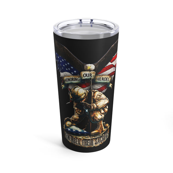 Remembrance and Tribute: 20oz Black Tumbler with Military Design - 'Honor Our Heroes, Remember Their Sacrifice
