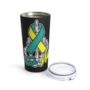 Embodying Resilience: 20oz Tumbler in Black featuring a Skeleton Hand for PTSD Awareness among Veterans