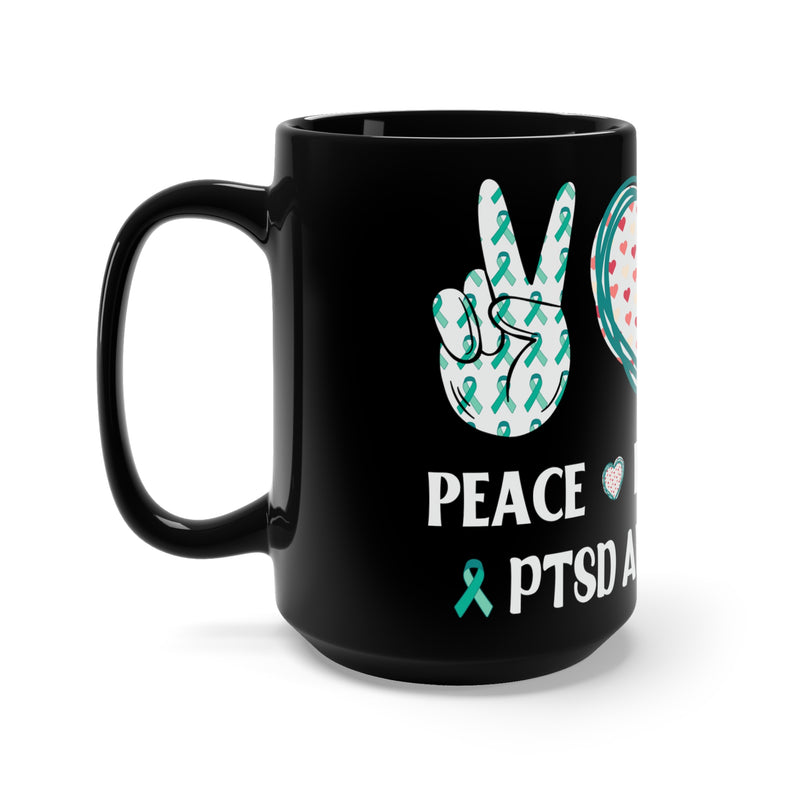 Peace, Love, Cure: PTSD Awareness Black Mug 15oz - Inspiring Compassion and Hope