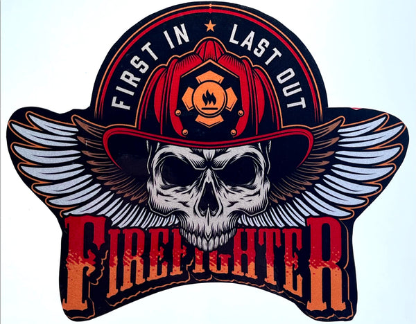 First In Last Out Decal-Firefighter Skull With Wings.