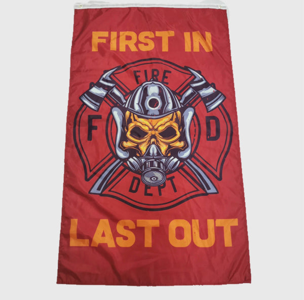 Firefighter Flag-Fireman Skull Metal Crossed Axes-First In Last Out.