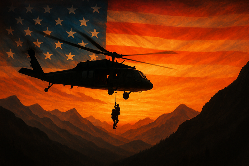 Black Hawk helicopter rescue silhouette with U.S. flag overlay at sunset, honoring first responders.