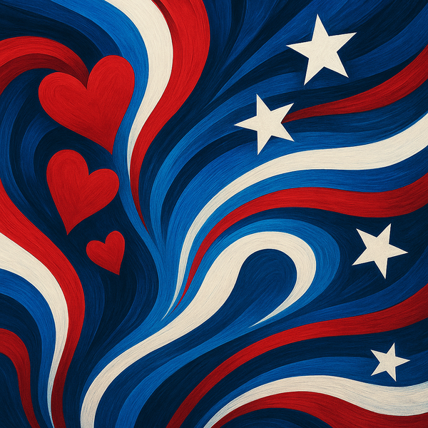 Abstract swirling red, white and blue artwork with hearts and stars representing courage and unity.