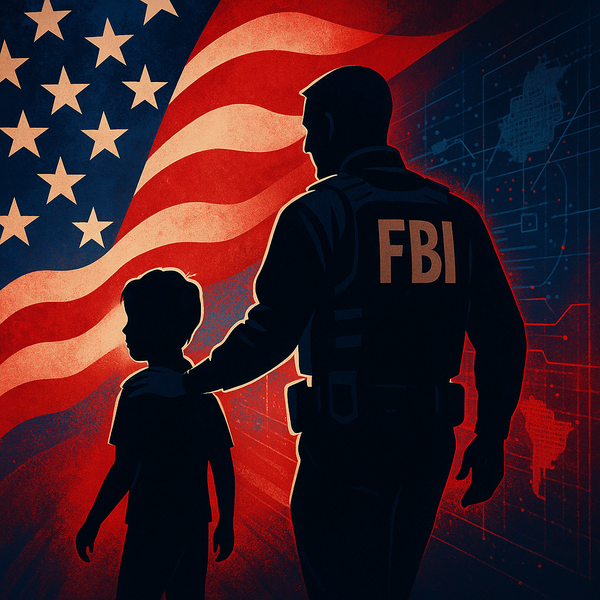Silhouette of an FBI agent holding hands with a child in front of a waving American flag representing guardianship and patriotism
