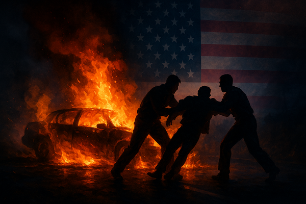 Silhouettes of a West Point cadet and his father rescuing a driver from a burning car with an American flag backdrop