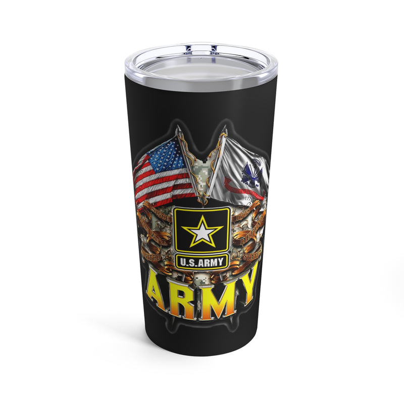 Strength and Honor: 20oz Black Tumbler with Military Design - 'Double Flag Eagle U.S. ARMY
