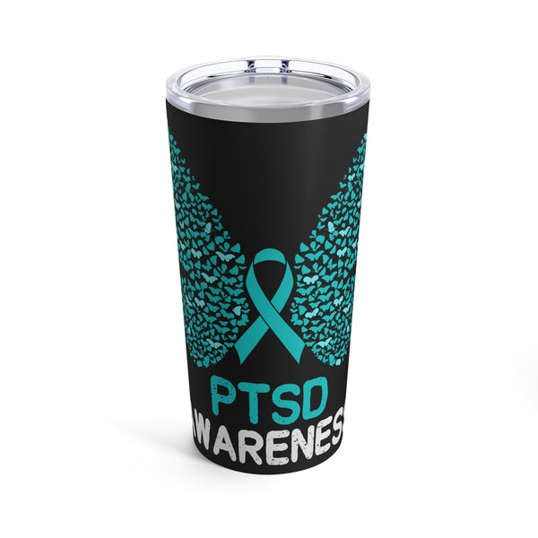 20oz Tumbler: Black Butterfly Design with Teal Ribbon - PTSD Awareness