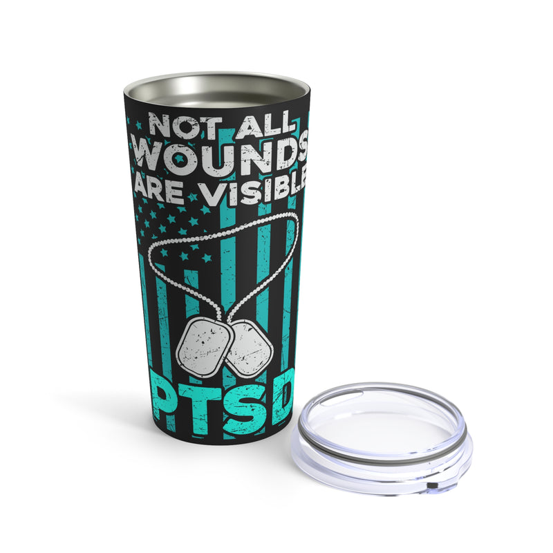 Empowering Support: 20oz Tumbler with Black Background, 'PTSD Wear Teal' Design, and a Tribute to the Troops