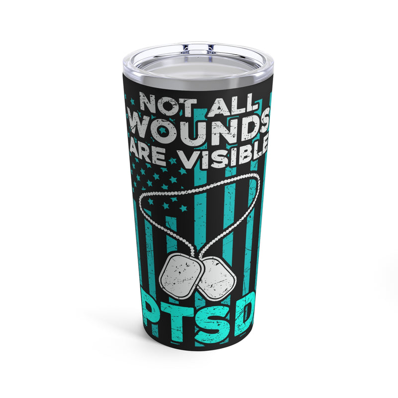 Empowering Support: 20oz Tumbler with Black Background, 'PTSD Wear Teal' Design, and a Tribute to the Troops
