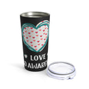 Awareness in Every Sip: 20oz Tumbler Embraces Peace, Love, and the Journey to Cure PTSD on a Black Canvas