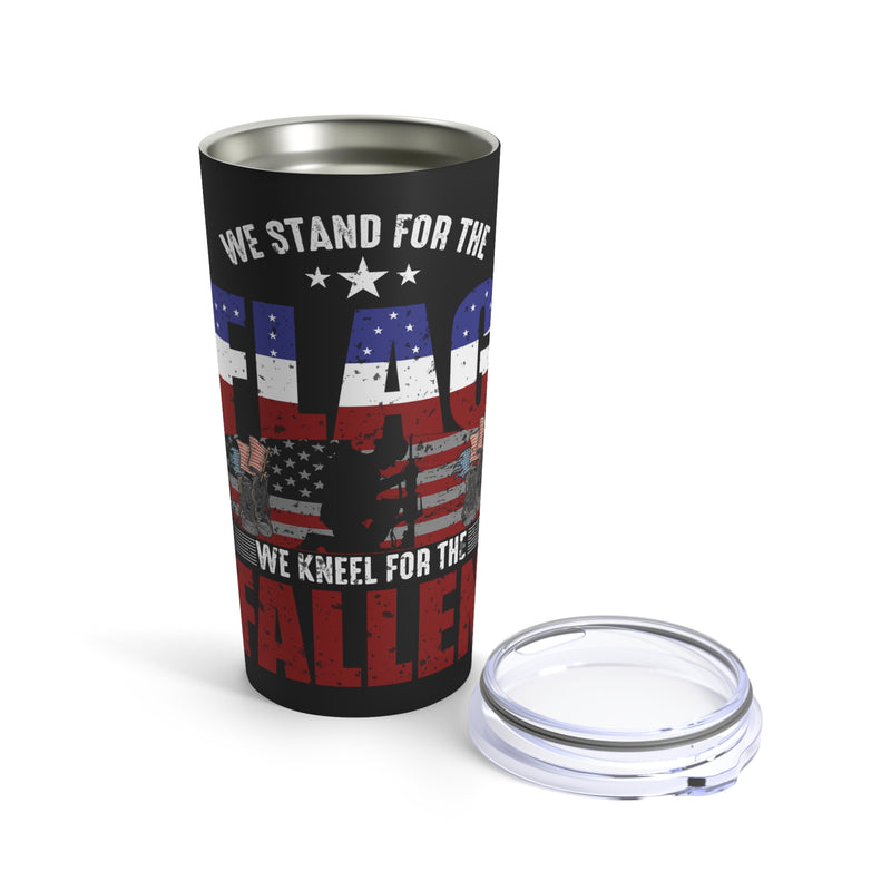 Patriotic Tribute Tumbler: 20oz Military Design - Standing Strong for the Flag, Kneeling in Remembrance of the Fallen