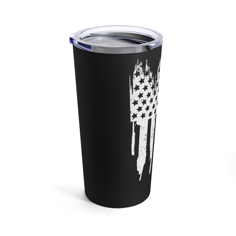 Honoring the Brave: 20oz Tumbler with Black Background, 'PTSD' Teal Ribbon, and Distressed US Flag Design