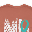 Courage Unveiled: Distressed US Flag with Teal Ribbon PTSD T-Shirt