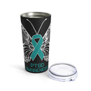 Raising Hope and Awareness: 20oz Tumbler with Black Background and 'PTSD Apparel Butterfly Teal Ribbon