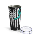 Honoring the Brave: 20oz Tumbler with Black Background, 'PTSD' Teal Ribbon, and Distressed US Flag Design