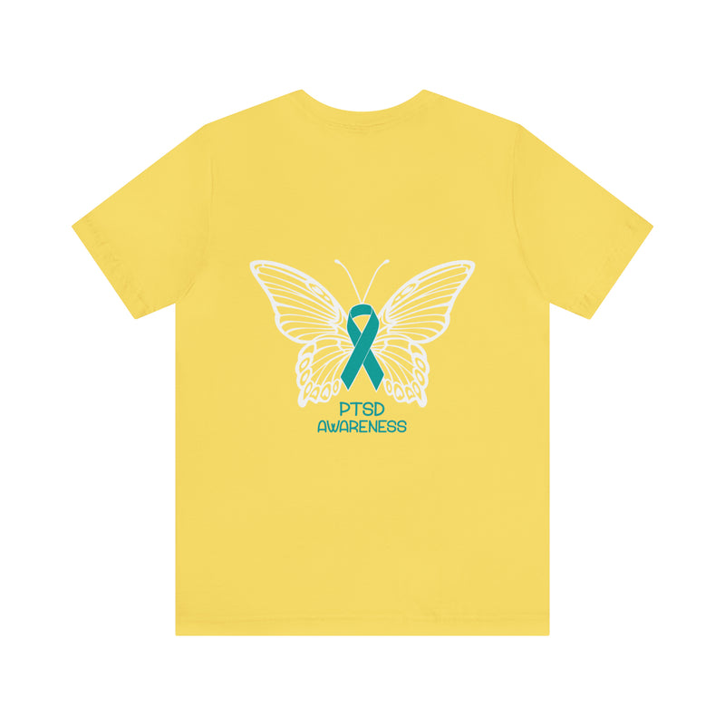 Butterfly Wings of Hope: Spreading PTSD Awareness with our Text Design T-Shirt