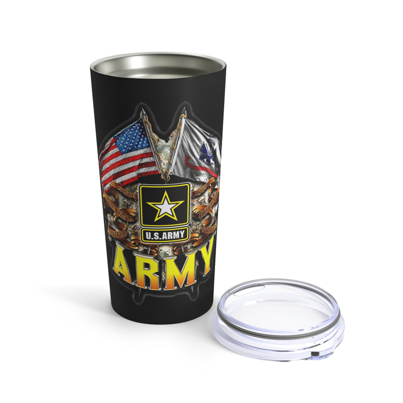 Strength and Honor: 20oz Black Tumbler with Military Design - 'Double Flag Eagle U.S. ARMY