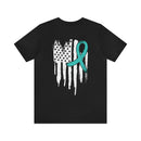 Courage Unveiled: Distressed US Flag with Teal Ribbon PTSD T-Shirt
