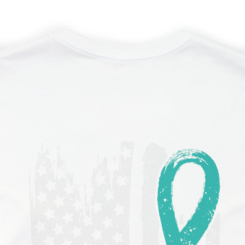 Courage Unveiled: Distressed US Flag with Teal Ribbon PTSD T-Shirt