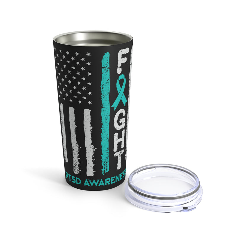 Strength and Resilience: 20oz Tumbler with Black Background, 'PTSD Warrior' Text, US Flag, and Teal Ribbon