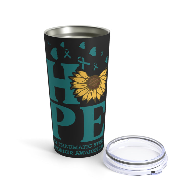Radiating Strength and Hope: 20oz Tumbler in Black with Teal Sunflower for PTSD Awareness