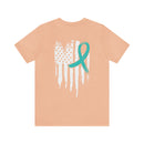 Courage Unveiled: Distressed US Flag with Teal Ribbon PTSD T-Shirt