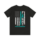 Courage Unveiled: Distressed US Flag with Teal Ribbon PTSD Cotton T-Shirt