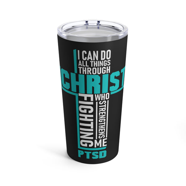 Empowerment in Faith: 20oz Tumbler - Blue Cross & Black Background - 'I Can Do All Things Through Christ' - A Tribute to PTSD Warriors"