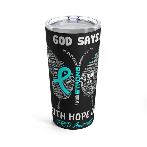 20oz Tumbler: Black Butterfly of Faith, Hope, & Love - Green PTSD Awareness Design