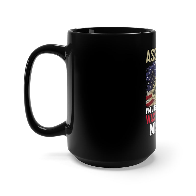 Bold 15oz Military Design Black Mug: 'Assuming I'm Just an Old Man Was Your First Mistake' - Perfect for Patriotic Coffee Lovers!