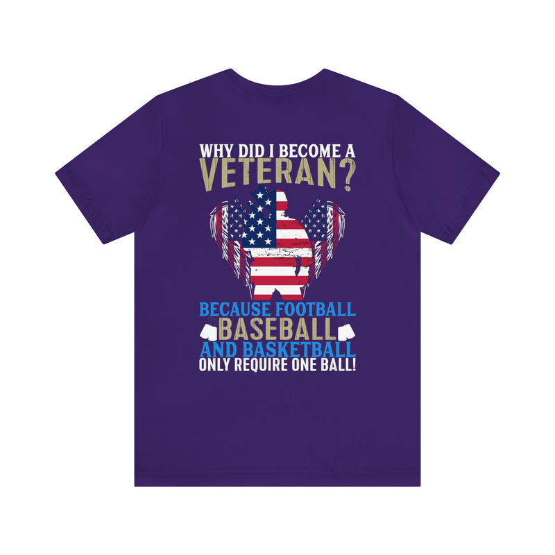 Serving with Courage: Military Design T-Shirt - 'Why Did I Become a Veteran? Because Football, Baseball, and Basketball Only Require One Ball!