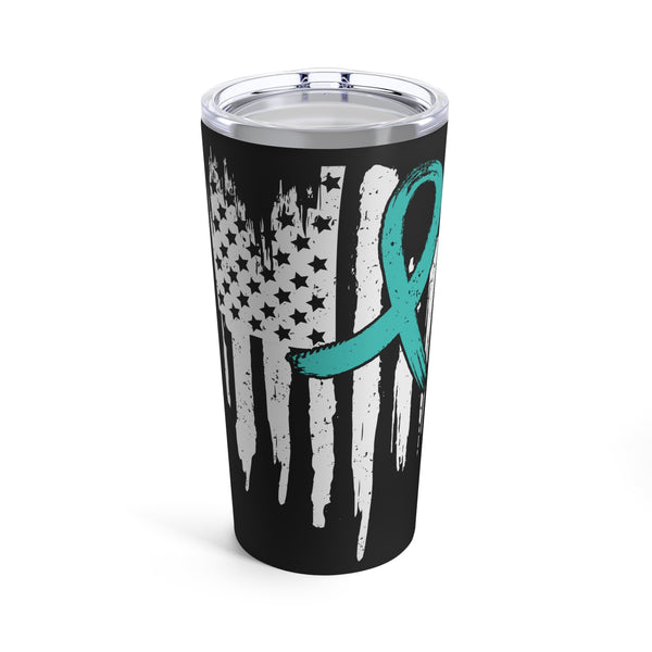 Honoring the Brave: 20oz Tumbler with Black Background, 'PTSD' Teal Ribbon, and Distressed US Flag Design