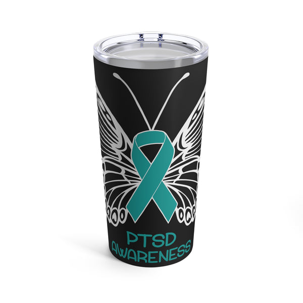 Raising Hope and Awareness: 20oz Tumbler with Black Background and 'PTSD Apparel Butterfly Teal Ribbon