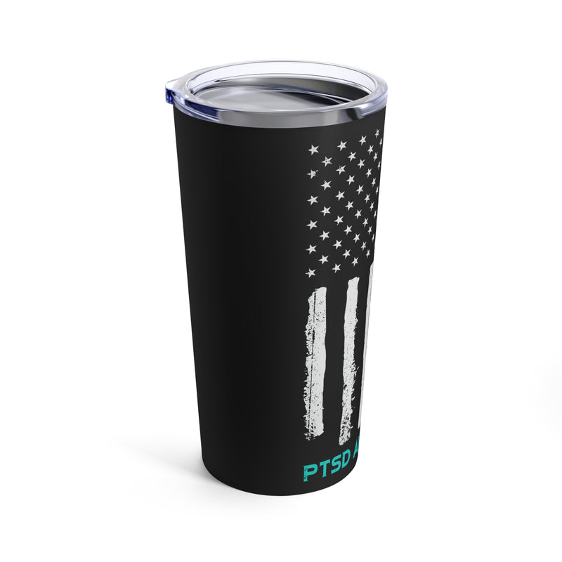 Strength and Resilience: 20oz Tumbler with Black Background, 'PTSD Warrior' Text, US Flag, and Teal Ribbon