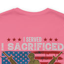Proud Army Veteran Military Design T-Shirt - 'I Served, I Sacrificed, I Regret Nothing'