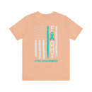 Courage Unveiled: Distressed US Flag with Teal Ribbon PTSD Cotton T-Shirt