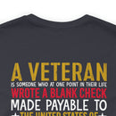 Sacrifice for Our Nation: Military Design T-Shirt - The Veteran's Blank Check to America
