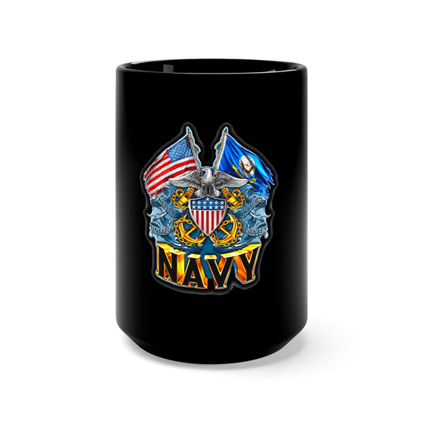 Saluting Naval Valor: 15oz Black Mug with 'Double Flag Eagle U.S. NAVY' Military Design