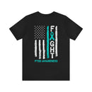 Courage Unveiled: Distressed US Flag with Teal Ribbon PTSD Cotton T-Shirt