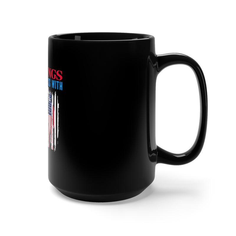 Uncompromising Defender: 15oz Black Military Design Mug - Faith, Family, Liberty, Flag, Country, Gun