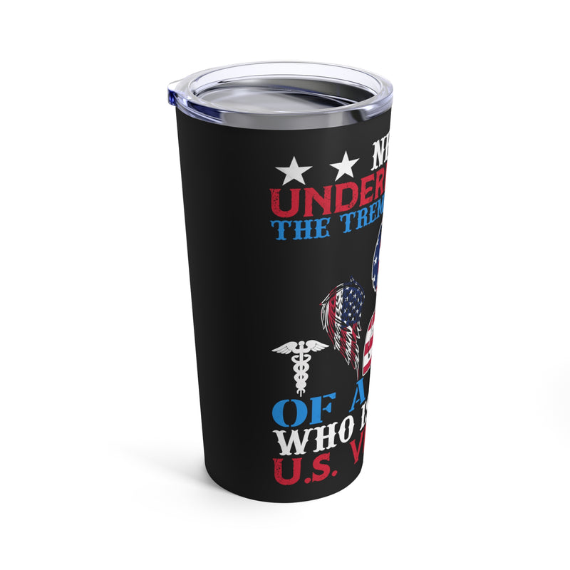 Never Underestimate the Skill: 20oz Black Military Design Tumbler - Nurse & U.S. Veteran Powerhouse