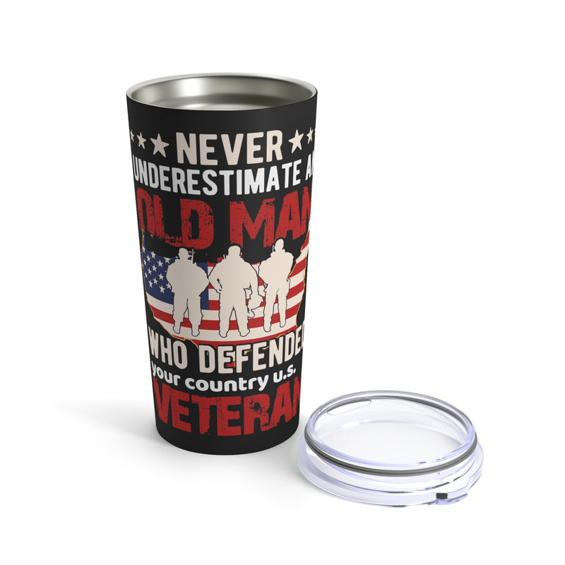 Unyielding Defender: 20oz Military Design Tumbler - Never Underestimate a US Veteran - Old but Mighty!