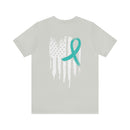 Courage Unveiled: Distressed US Flag with Teal Ribbon PTSD T-Shirt