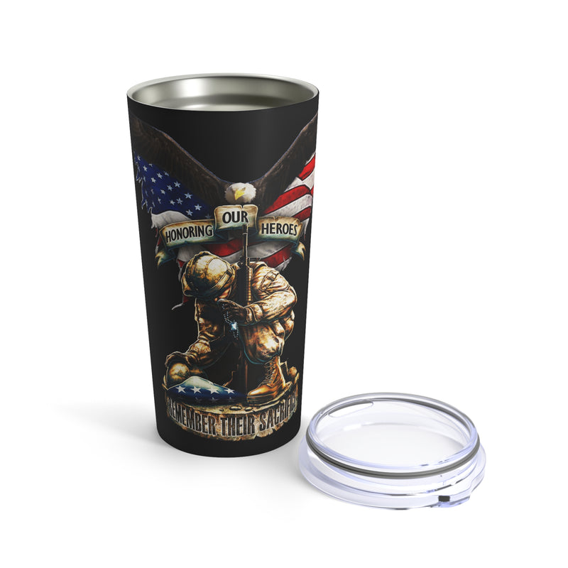 Remembrance and Tribute: 20oz Black Tumbler with Military Design - 'Honor Our Heroes, Remember Their Sacrifice