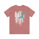 Courage Unveiled: Distressed US Flag with Teal Ribbon PTSD T-Shirt