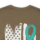 Courage Unveiled: Distressed US Flag with Teal Ribbon PTSD T-Shirt