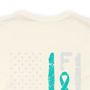 Courage Unveiled: Distressed US Flag with Teal Ribbon PTSD Cotton T-Shirt