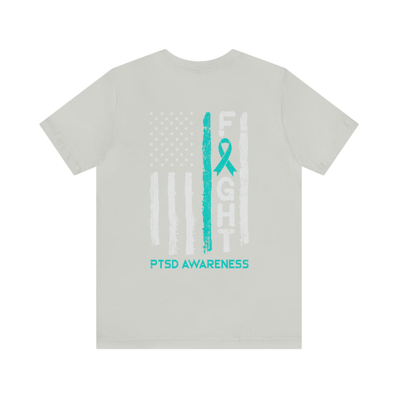 Courage Unveiled: Distressed US Flag with Teal Ribbon PTSD Cotton T-Shirt