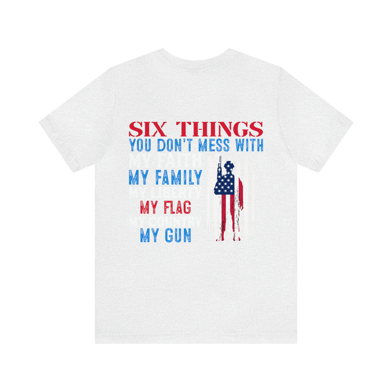Defending Six Pillars: Military Design T-Shirt - Faith, Family, Liberty, Flag, Country, Gun